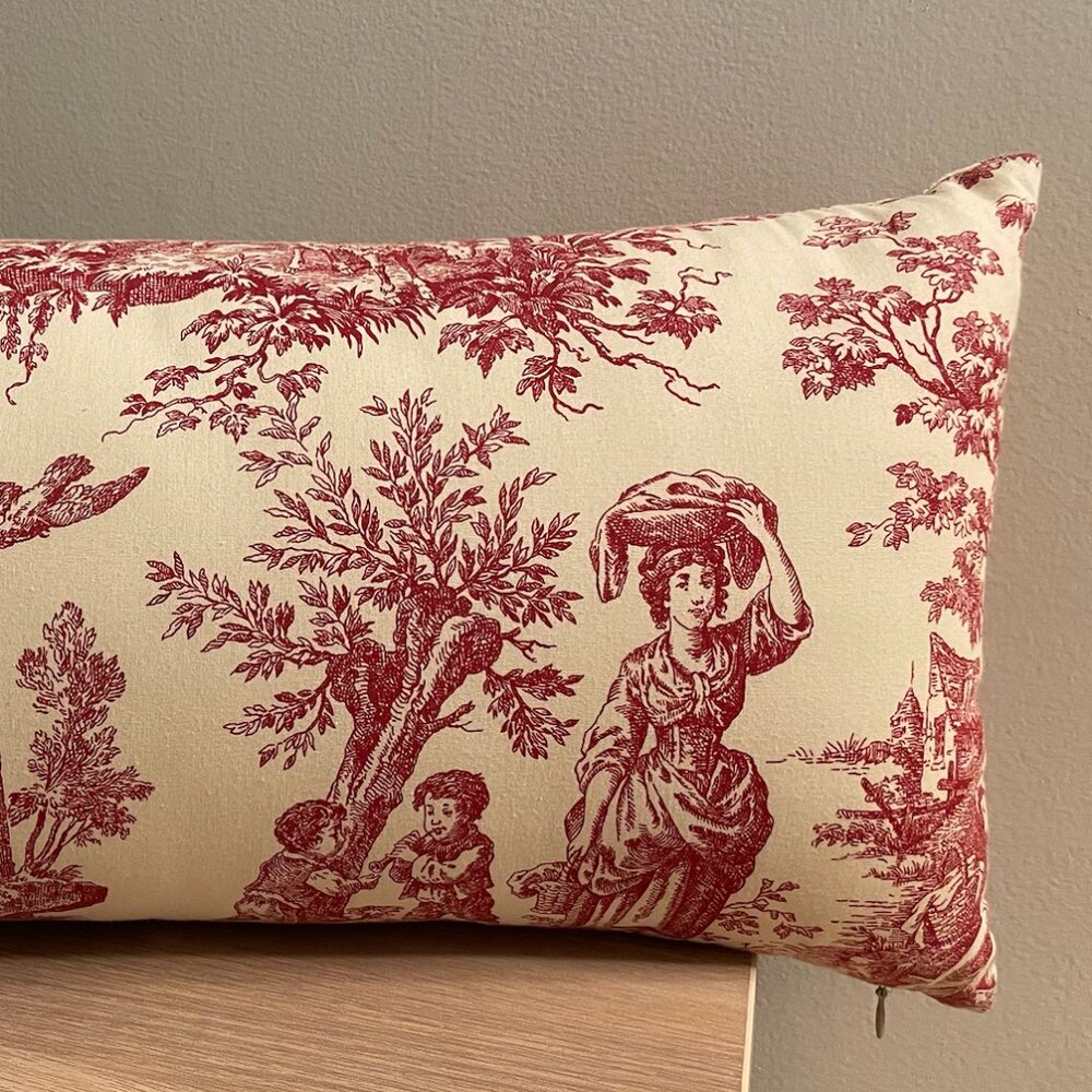 Vintage Red Toile Bolster Pillow | French Country | Grandmillennial Decor